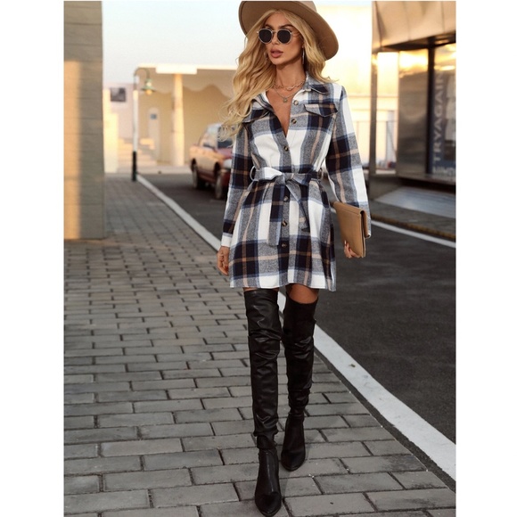 Plaid Long Sleeve Button Front Tie Belted Short Shirt Style Dress - Picture 7 of 11